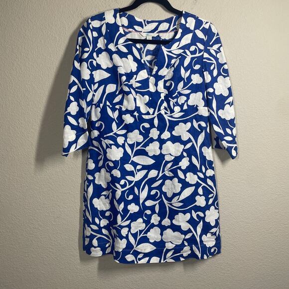 Boden Petite Size 6/6P Floral Casual Linen Tunic Dress Blue White 3/4 Sleeves - Picture 2 of 11